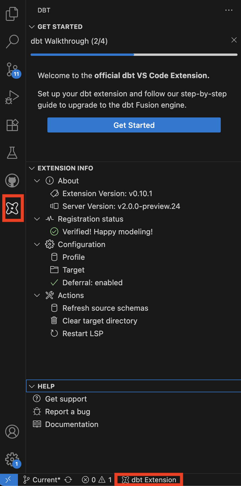 dbt VS Code extension welcome screen.